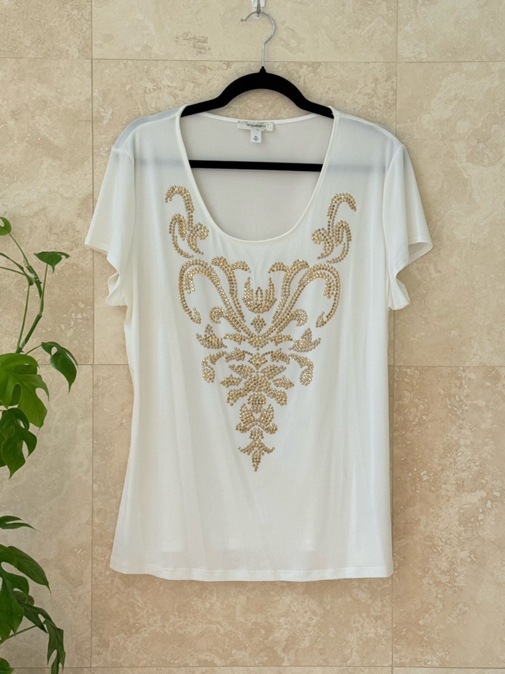 Dressbarn White Embellished Top XL Gold Beaded Short Sleeve Blouse Scoop Neck